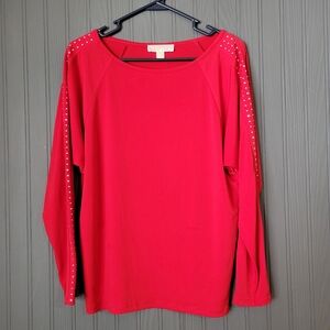Michael Kors Long Sleeve Blouse Shirt Silver Stud Sleeve Detail Red Women's S